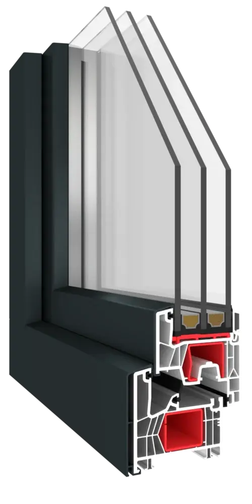Vue en coupe 3D du châssis Kömmerling 76 MD anthracite avec triple vitrage et renforts acier